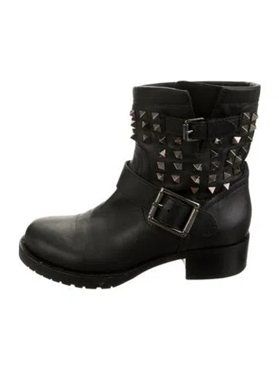 Pre-owned Valentino Garavani Rockstud Accents Leather Moto Boots In Black