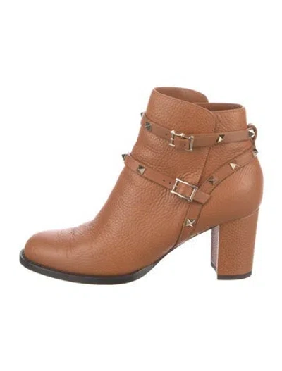 Pre-owned Valentino Garavani Rockstud Accents Leather Moto Boots In Brown