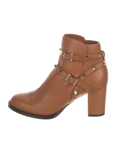 Pre-owned Valentino Garavani Rockstud Accents Leather Moto Boots In Brown