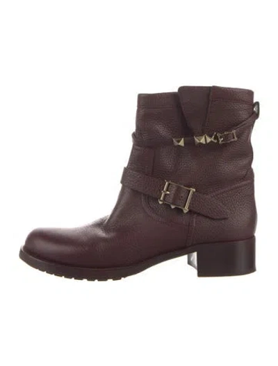 Pre-owned Valentino Garavani Rockstud Accents Leather Moto Boots In Burgundy
