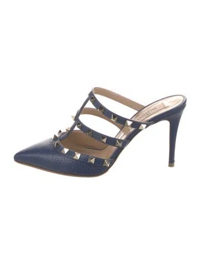 Pre-owned Valentino Garavani Rockstud Accents Leather Mules In Blue