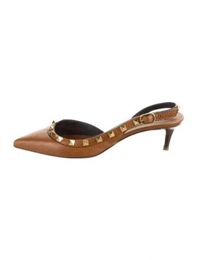 Pre-owned Valentino Garavani Rockstud Accents Leather Mules In Brown