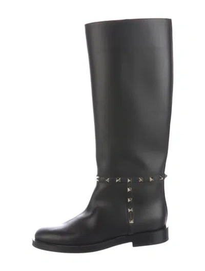 Pre-owned Valentino Garavani Rockstud Accents Leather Riding Boots In Black