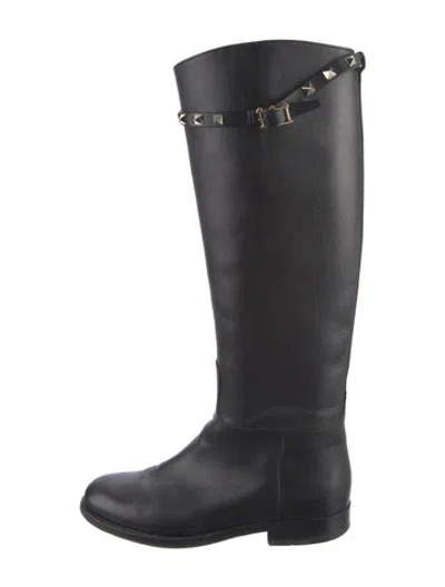 Pre-owned Valentino Garavani Rockstud Accents Leather Riding Boots In Black