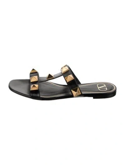 Pre-owned Valentino Garavani Rockstud Accents Leather Slides In Black/gold