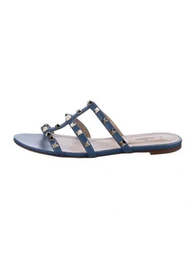 Pre-owned Valentino Garavani Rockstud Accents Leather Slides In Blue
