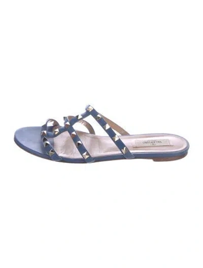 Pre-owned Valentino Garavani Rockstud Accents Leather Slides In Blue