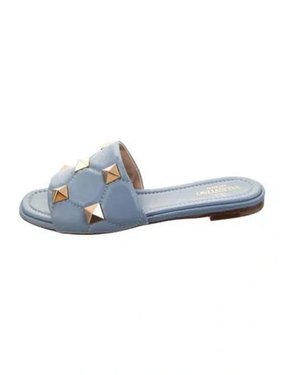 Pre-owned Valentino Garavani Rockstud Accents Leather Slides In Blue