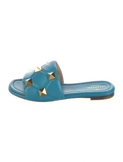 Pre-owned Valentino Garavani Rockstud Accents Leather Slides In Blue
