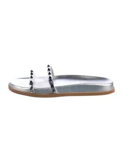 Pre-owned Valentino Garavani Rockstud Accents Leather Slides In Blue