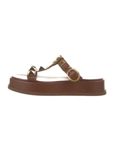 Pre-owned Valentino Garavani Rockstud Accents Leather Slides In Brown