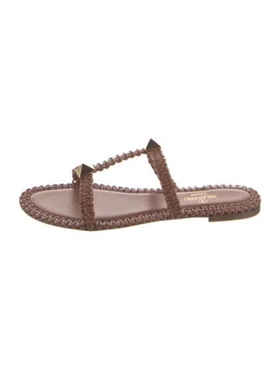 Pre-owned Valentino Garavani Rockstud Accents Leather Slides In Brown