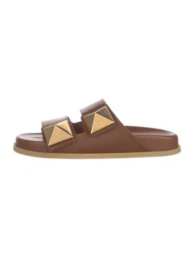 Pre-owned Valentino Garavani Rockstud Accents Leather Slides In Brown