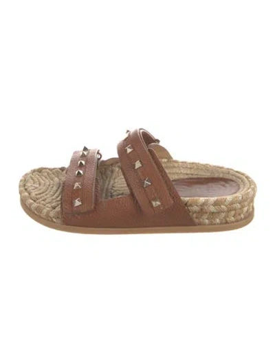Pre-owned Valentino Garavani Rockstud Accents Leather Slides In Brown