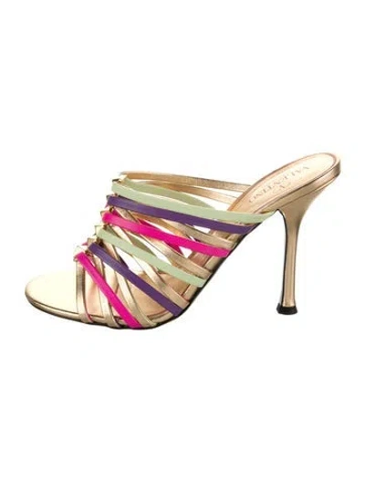 Pre-owned Valentino Garavani Rockstud Accents Leather Slides In Gold