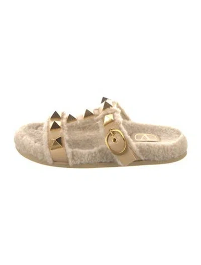 Pre-owned Valentino Garavani Rockstud Accents Leather Slides In Gold/neutrals