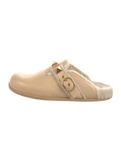 Pre-owned Valentino Garavani Rockstud Accents Leather Slides In Neutral