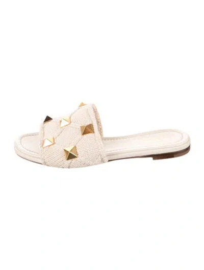 Pre-owned Valentino Garavani Rockstud Accents Leather Slides In Neutral