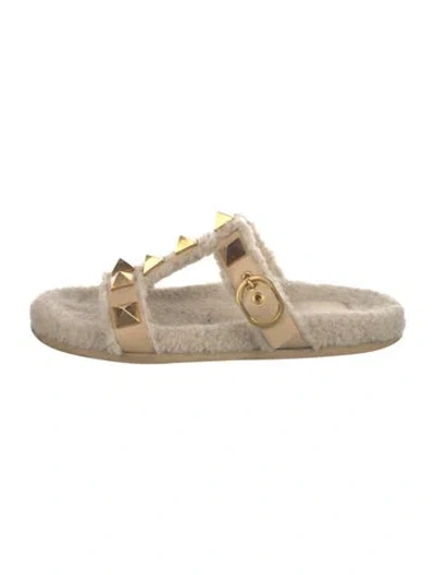 Pre-owned Valentino Garavani Rockstud Accents Leather Slides In Neutrals