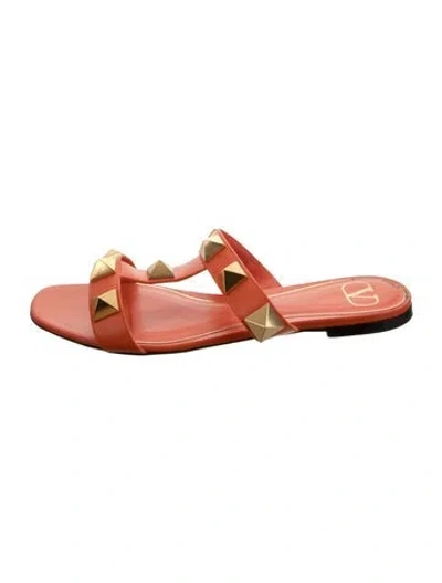 Pre-owned Valentino Garavani Rockstud Accents Leather Slides In Orange