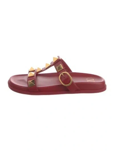 Pre-owned Valentino Garavani Rockstud Accents Leather Slides In Red
