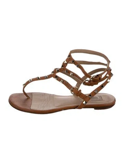 Pre-owned Valentino Garavani Rockstud Accents Leather Slingback Flats In Brown