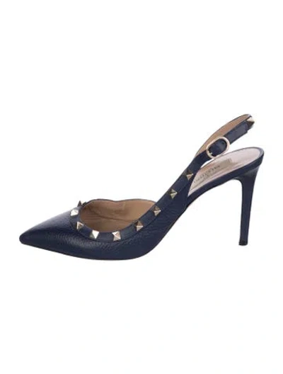 Pre-owned Valentino Garavani Rockstud Accents Leather Slingback Pumps In Blue