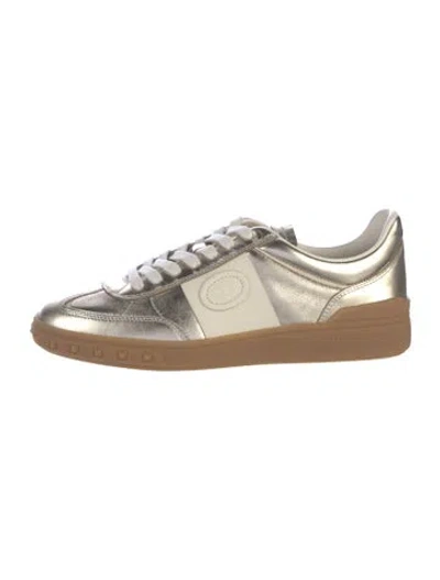 Pre-owned Valentino Garavani Rockstud Accents Leather Sneakers In Gold