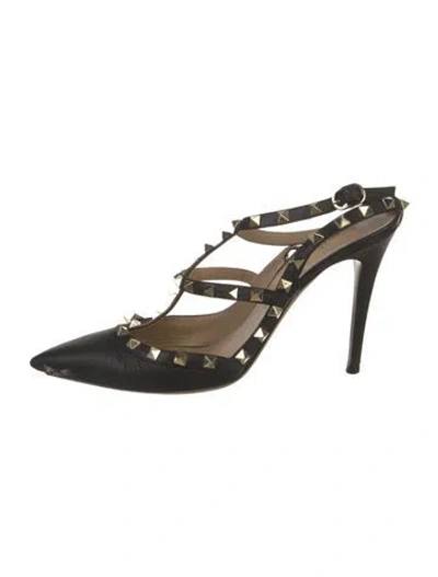 Pre-owned Valentino Garavani Rockstud Accents Leather T-strap Pumps In Black