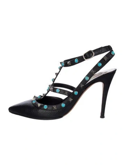 Pre-owned Valentino Garavani Rockstud Accents Leather T-strap Pumps In Black