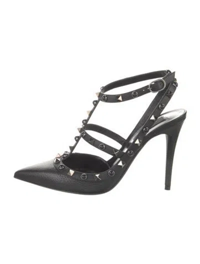 Pre-owned Valentino Garavani Rockstud Accents Leather T-strap Pumps In Black