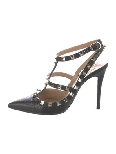Pre-owned Valentino Garavani Rockstud Accents Leather T-strap Pumps In Black