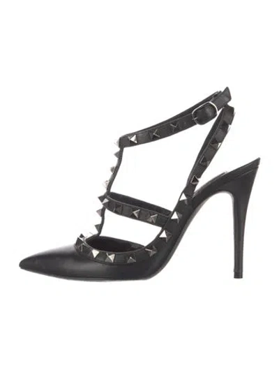 Pre-owned Valentino Garavani Rockstud Accents Leather T-strap Pumps In Black