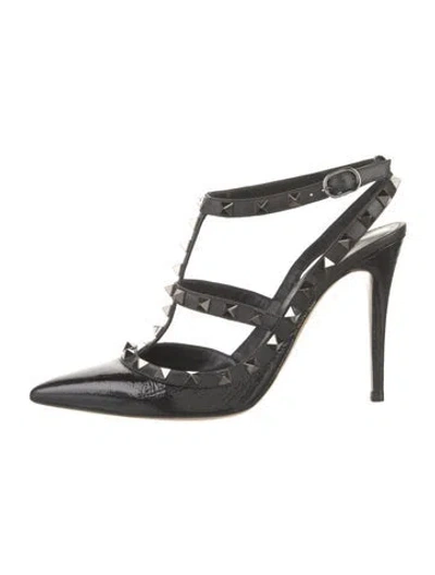 Pre-owned Valentino Garavani Rockstud Accents Leather T-strap Pumps In Black
