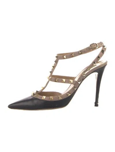 Pre-owned Valentino Garavani Rockstud Accents Leather T-strap Pumps In Black