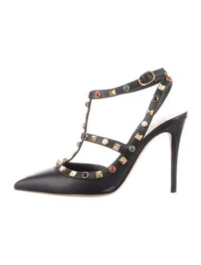 Pre-owned Valentino Garavani Rockstud Accents Leather T-strap Pumps In Black
