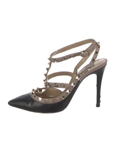 Pre-owned Valentino Garavani Rockstud Accents Leather T-strap Pumps In Black