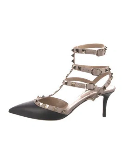 Pre-owned Valentino Garavani Rockstud Accents Leather T-strap Pumps In Black