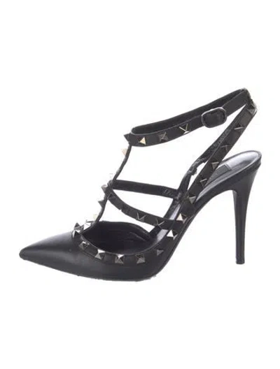 Pre-owned Valentino Garavani Rockstud Accents Leather T-strap Pumps In Black