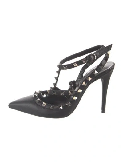 Pre-owned Valentino Garavani Rockstud Accents Leather T-strap Pumps In Black