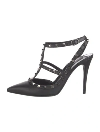 Pre-owned Valentino Garavani Rockstud Accents Leather T-strap Pumps In Black