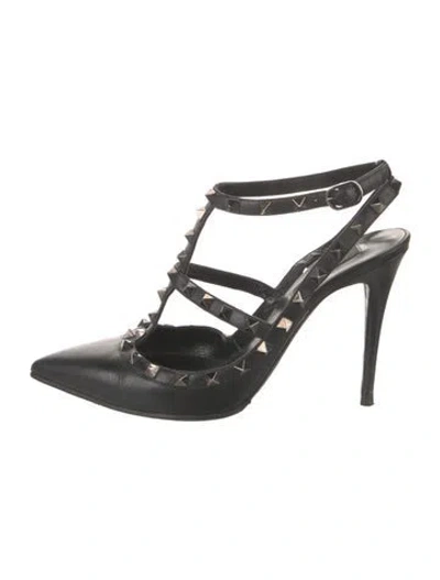 Pre-owned Valentino Garavani Rockstud Accents Leather T-strap Pumps In Black
