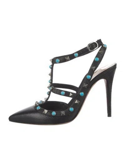 Pre-owned Valentino Garavani Rockstud Accents Leather T-strap Pumps In Black