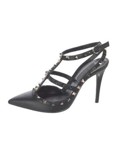 Pre-owned Valentino Garavani Rockstud Accents Leather T-strap Pumps In Black