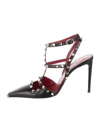 Pre-owned Valentino Garavani Rockstud Accents Leather T-strap Pumps In Black