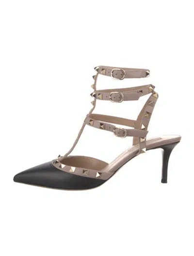 Pre-owned Valentino Garavani Rockstud Accents Leather T-strap Pumps In Black/neutrals