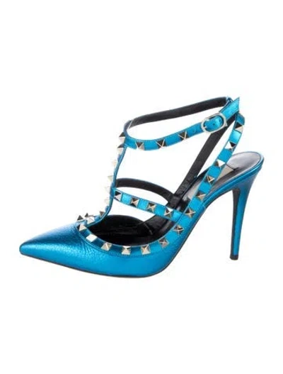 Pre-owned Valentino Garavani Rockstud Accents Leather T-strap Pumps In Blue