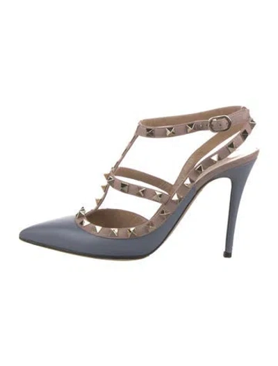 Pre-owned Valentino Garavani Rockstud Accents Leather T-strap Pumps In Blue