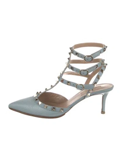 Pre-owned Valentino Garavani Rockstud Accents Leather T-strap Pumps In Blue