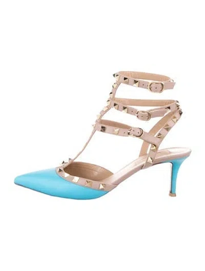 Pre-owned Valentino Garavani Rockstud Accents Leather T-strap Pumps In Blue